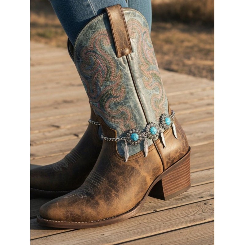 Chaîne de Bottes Western avec Turquoise et Plumes Argentées