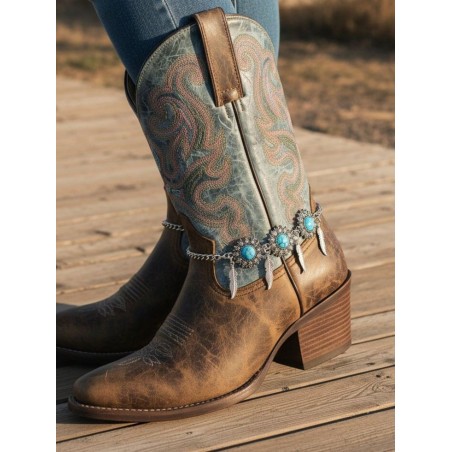 Chaîne de Bottes Western avec Turquoise et Plumes Argentées